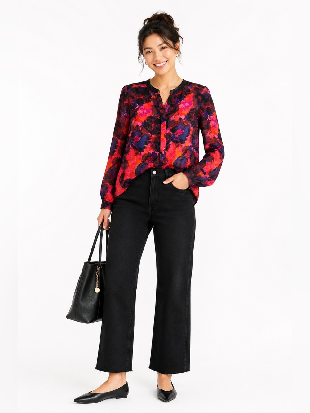 NYDJ Floral Split-Neck Blouse in Pink & Black CT